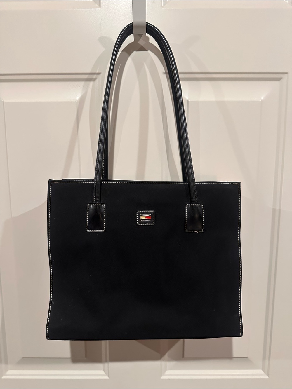 Tommy Hilfiger Vintage Black Nylon Tote with Signature Flag Accent